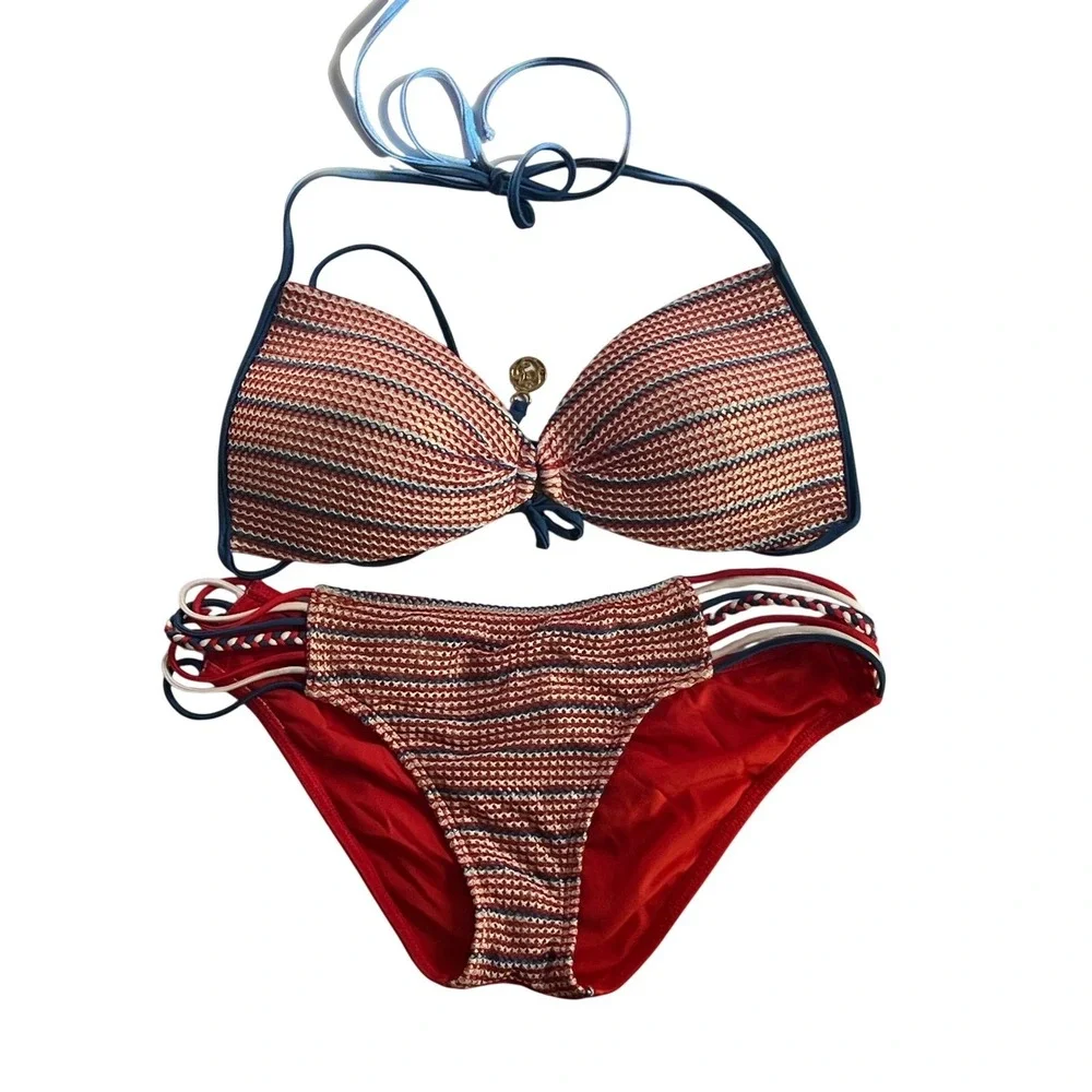 Luli Fama Bikini Set Red White Blue Striped Braided Strappy Two Piece Medium